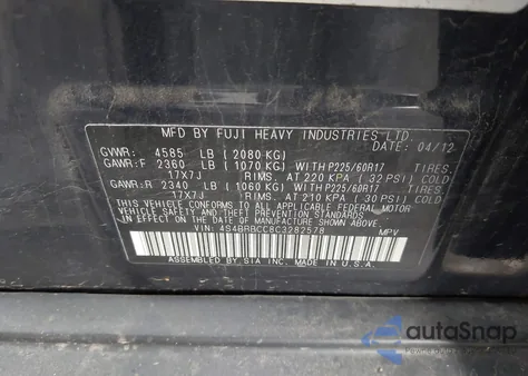 2012 Subaru Outback 2.5I Premium z USA, uszkodzony, nr VIN 4S4BRBCC8C3282578